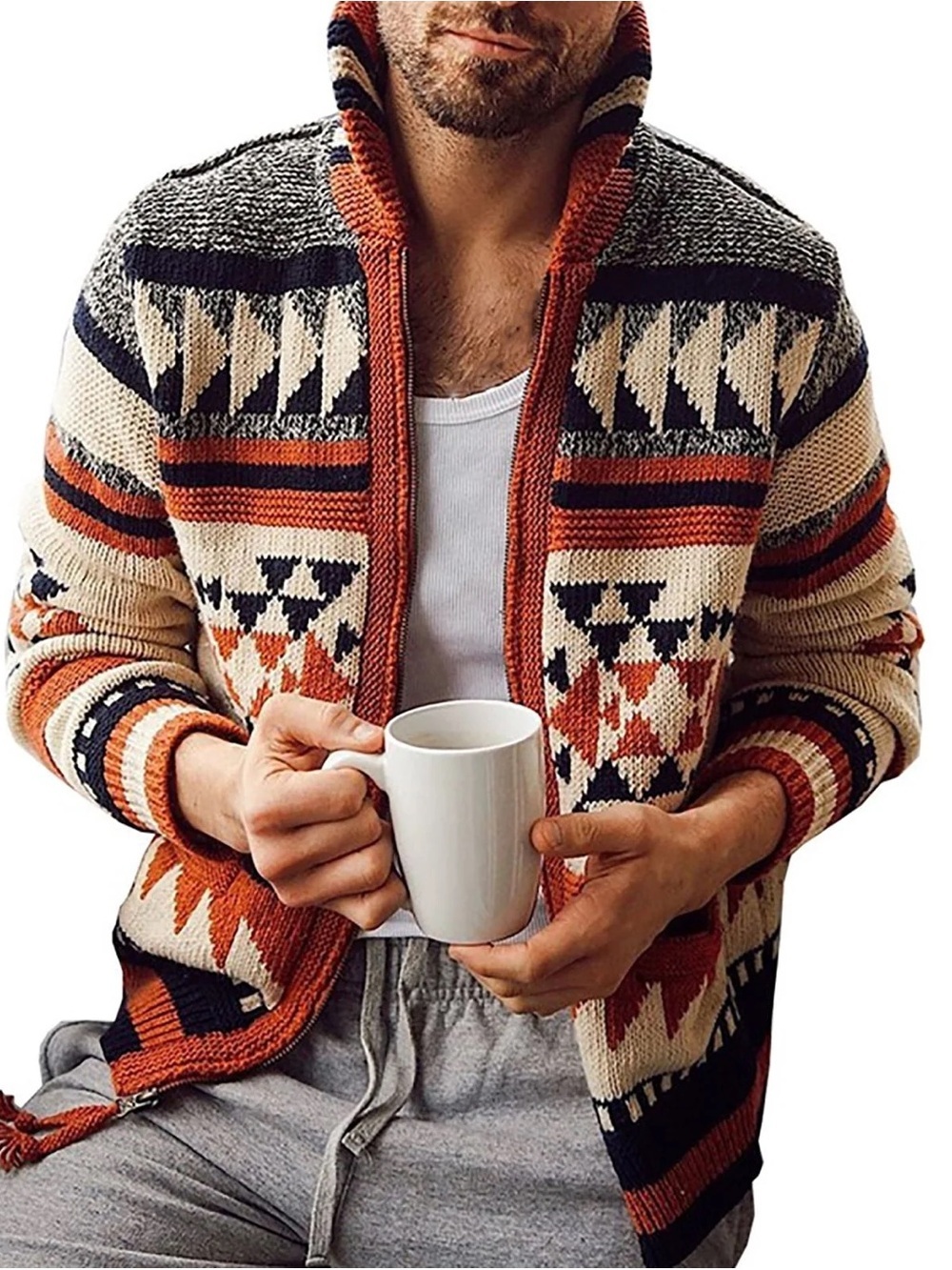 American Eagle Men's Aztec Zip-Up Knit Sweater Jacket - Cream & Rust EUC